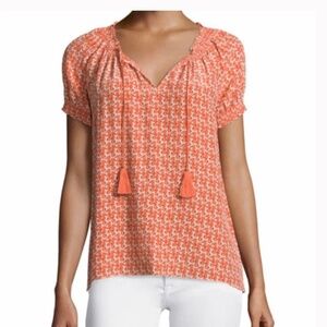 Anthropologie Joie Masha Silk Peasant Blouse with Coral Seahorse Print Size XS